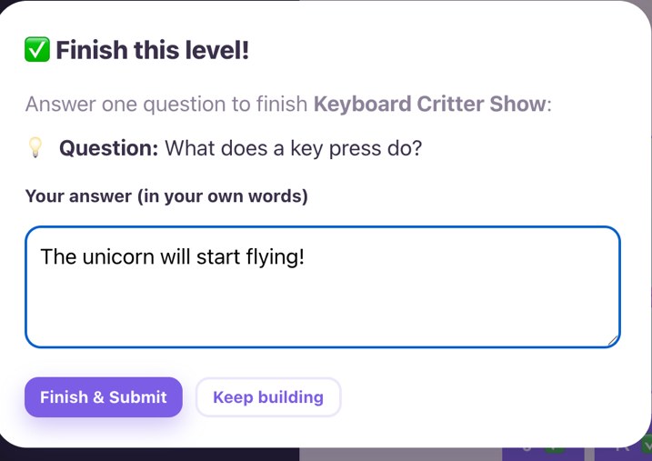 The one-question finish screen, answered in the kid's own words